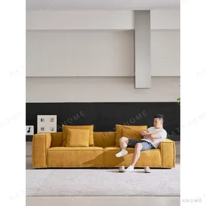Ginger Chenille Block Sofa with Choice of Arm Heights in mustard — in a room setting