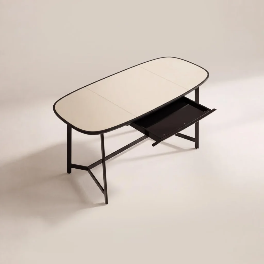 Cream Leather-Top Writing Desk in oatmeal — front view