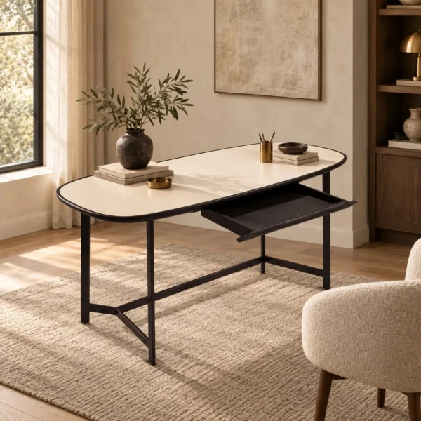 Cream Leather-Top Writing Desk in oatmeal — in a room setting