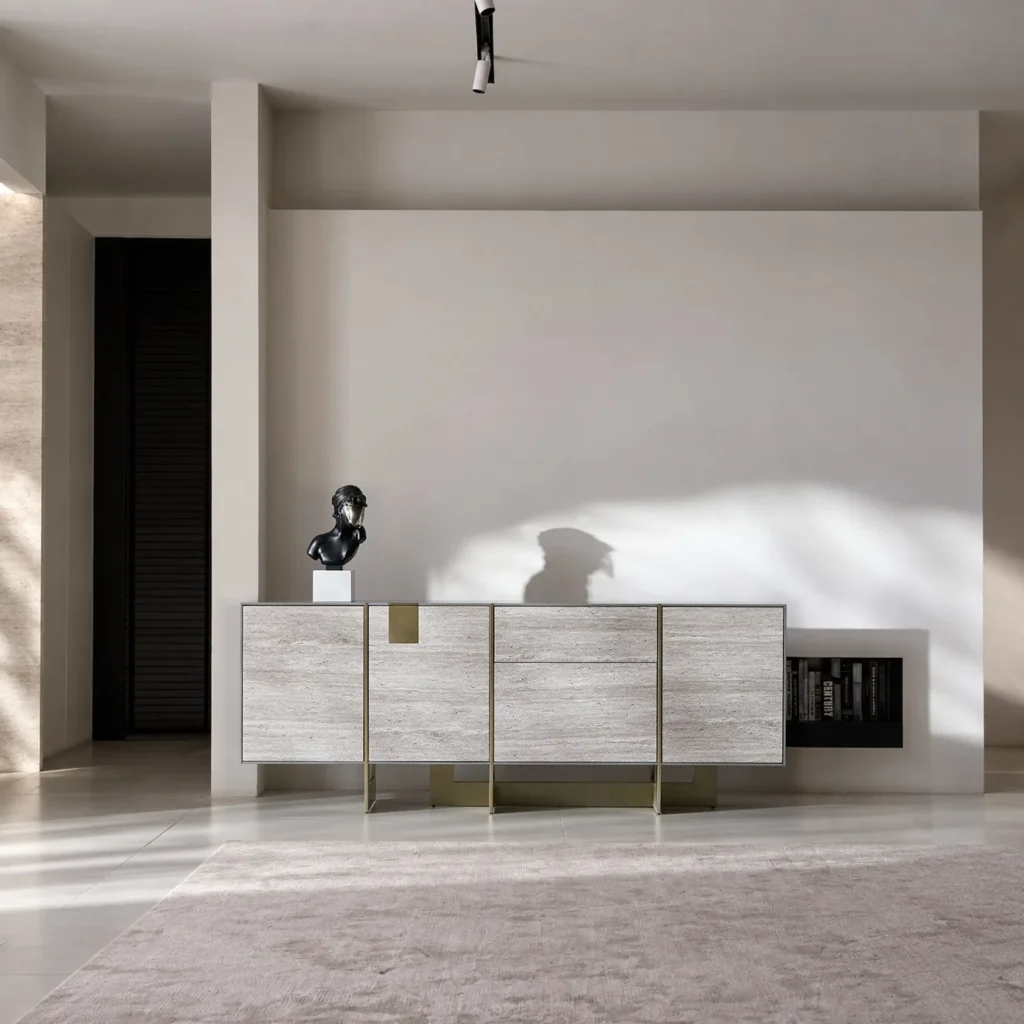 Travertine-Faced Sideboard in oatmeal — front view