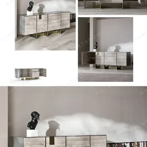 Travertine-Faced Sideboard in oatmeal — in a room setting