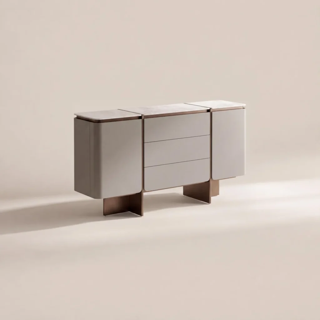 Curved-Door Grey Sideboard with Pieced Stone Top in slate — front view