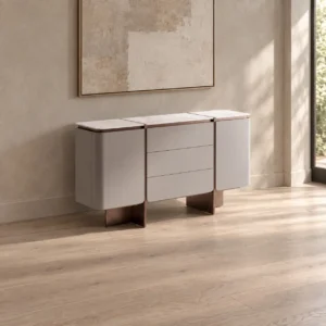 Curved-Door Grey Sideboard with Pieced Stone Top in slate — in a room setting