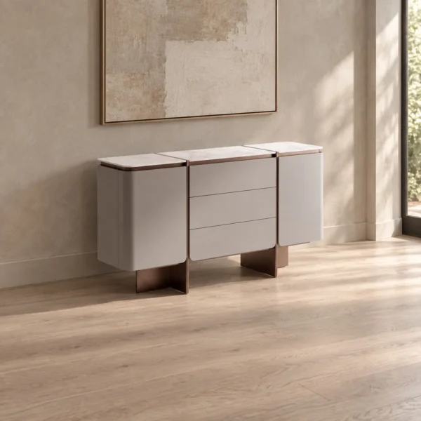 Curved-Door Grey Sideboard with Pieced Stone Top in slate — in a room setting