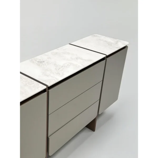 Curved-Door Grey Sideboard with Pieced Stone Top in slate — in a room setting