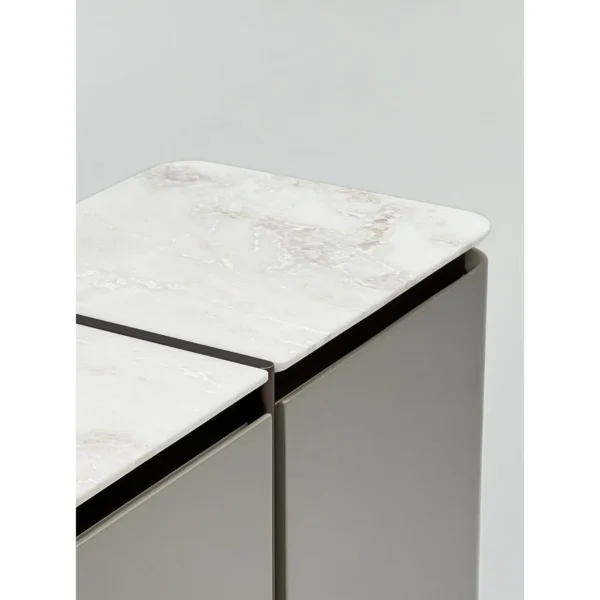 Curved-Door Grey Sideboard with Pieced Stone Top in slate — in a room setting