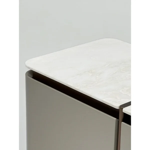 Curved-Door Grey Sideboard with Pieced Stone Top in slate — in a room setting