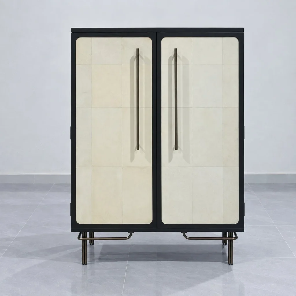 Italian Mid-Century Cabinet in Cream Leather Panels with Black Frame — front view