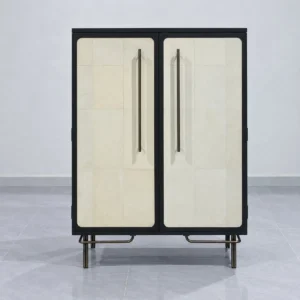 Italian Mid-Century Cabinet in Cream Leather Panels with Black Frame — front view
