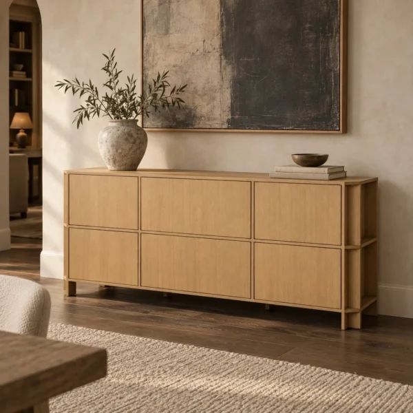 Italian Minimalist Oak Sideboard with Framed Panels in natural oak — in a room setting