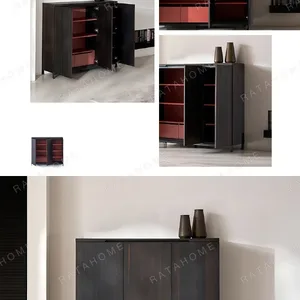 Smoked Wood Three-Door Tall Cabinet in black — in a room setting