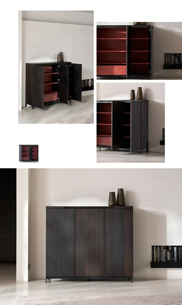 Smoked Wood Three-Door Tall Cabinet in black — in a room setting