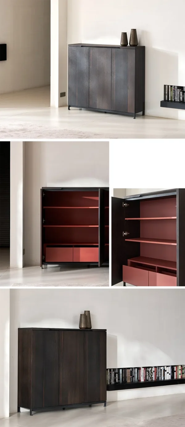 Smoked Wood Three-Door Tall Cabinet in black — in a room setting