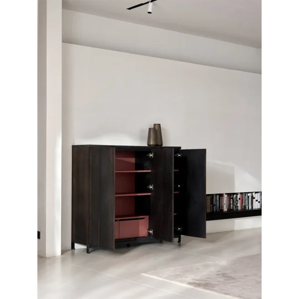 Smoked Wood Three-Door Tall Cabinet in black — in a room setting