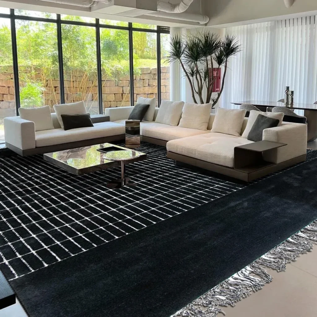 Italian Minimalist Tweed-Check Rug in Black and White — front view