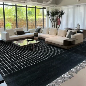 Italian Minimalist Tweed-Check Rug in Black and White — front view