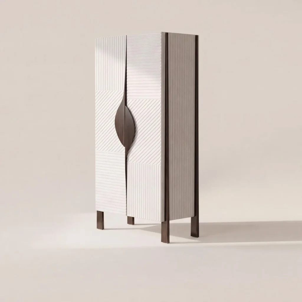 Italian Relief Leather Tall Cabinet in oatmeal — front view