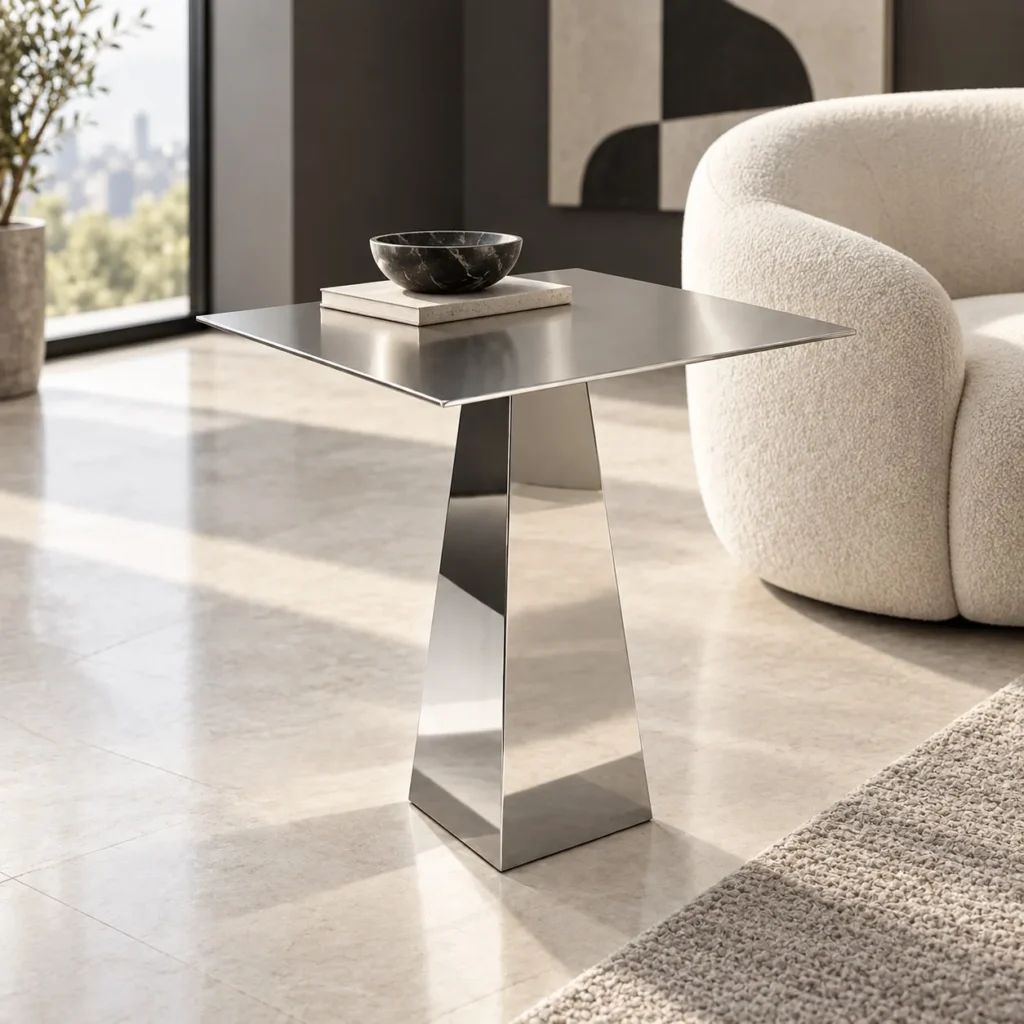 Mirror Steel Square Side Table on Tapered Wedge Base in silver — front view