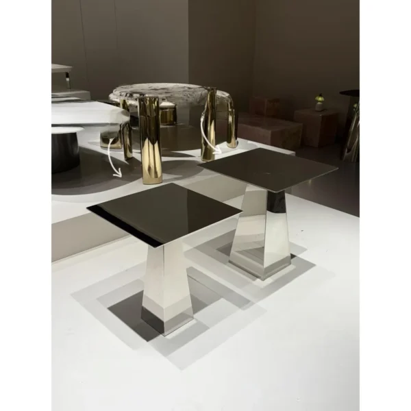 Mirror Steel Square Side Table on Tapered Wedge Base in silver — in a room setting