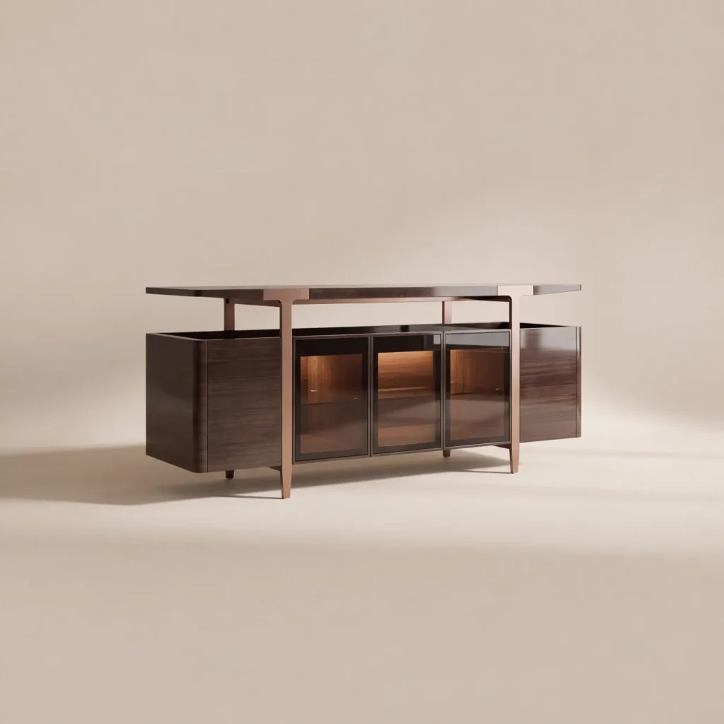 Italian T-Frame Sideboard with Lit Glass Centre in clay — front view
