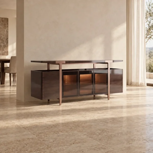 Italian T-Frame Sideboard with Lit Glass Centre in clay — in a room setting