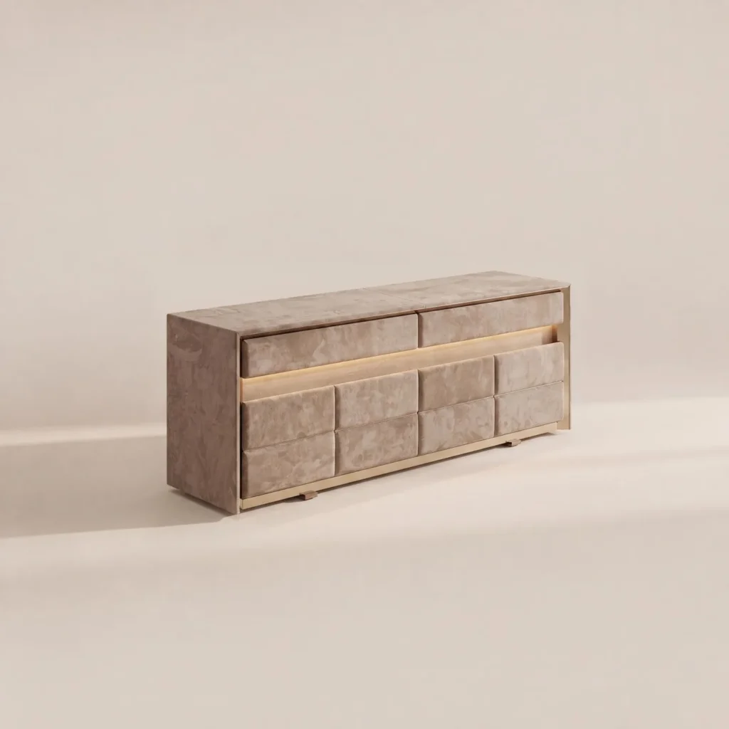 Velvet-Wrapped Multi-Drawer Chest with Gilt Frame and Light in sand — front view