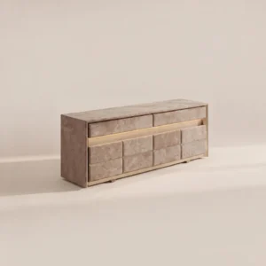 Velvet-Wrapped Multi-Drawer Chest with Gilt Frame and Light in sand — front view