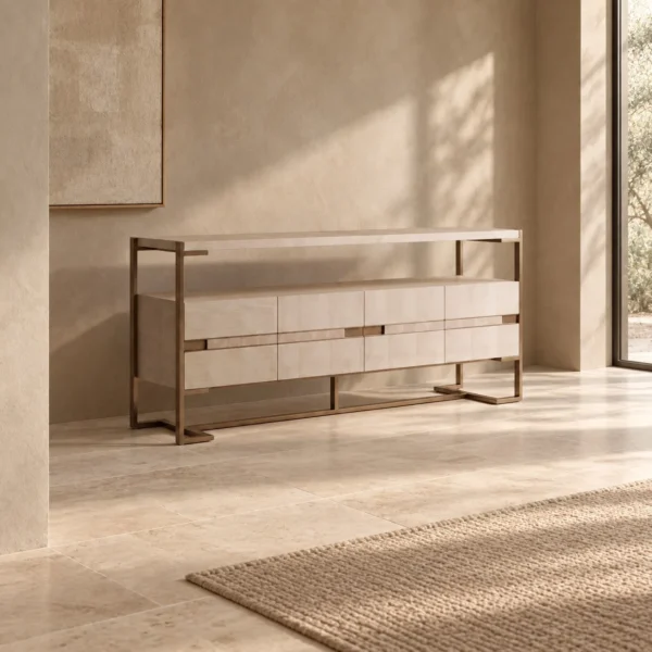 Italian Pale Veneer TV Stand in Bronze Metal Frame — in a room setting