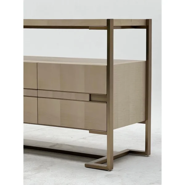 Italian Pale Veneer TV Stand in Bronze Metal Frame — in a room setting
