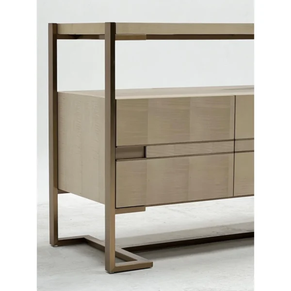 Italian Pale Veneer TV Stand in Bronze Metal Frame — in a room setting