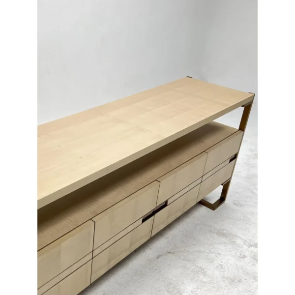Italian Pale Veneer TV Stand in Bronze Metal Frame — in a room setting