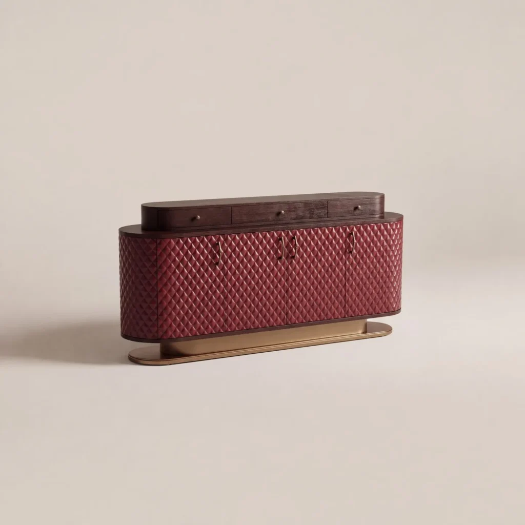 Wine-Red Diamond-Relief Sideboard with Walnut Drawer Top in burgundy — front view