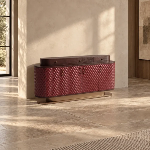 Wine-Red Diamond-Relief Sideboard with Walnut Drawer Top in burgundy — in a room setting