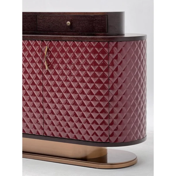Wine-Red Diamond-Relief Sideboard with Walnut Drawer Top in burgundy — in a room setting