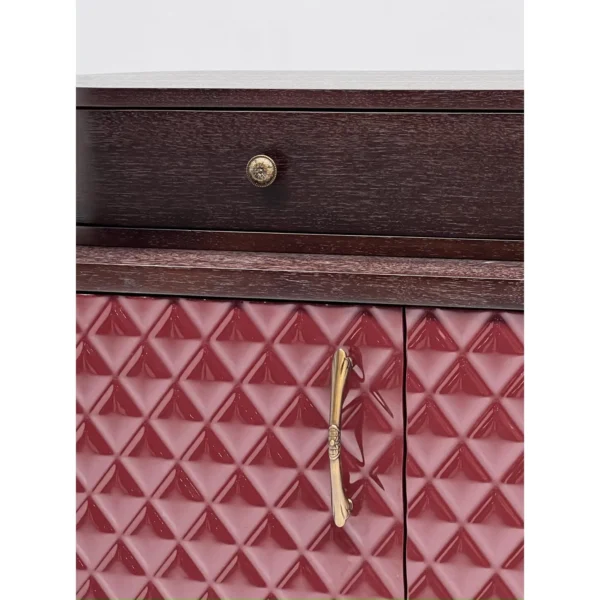 Wine-Red Diamond-Relief Sideboard with Walnut Drawer Top in burgundy — in a room setting