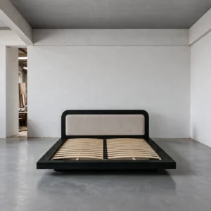 Iva Black Ash Bed with Linen Headboard in black — front view