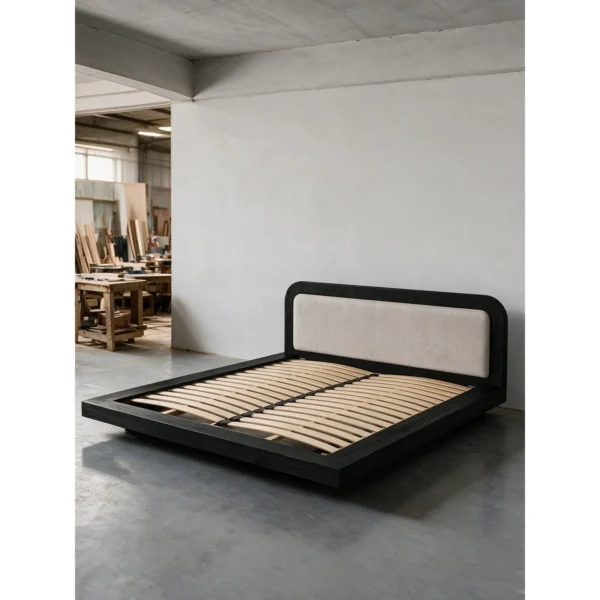 Iva Black Ash Bed with Linen Headboard in black — in a room setting