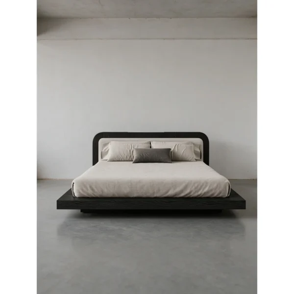 Iva Black Ash Bed with Linen Headboard in black — in a room setting