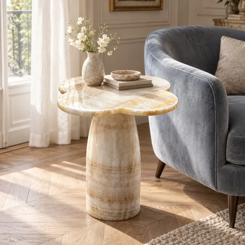 Four-Leaf Clover Honey Onyx Side Table in mustard — front view