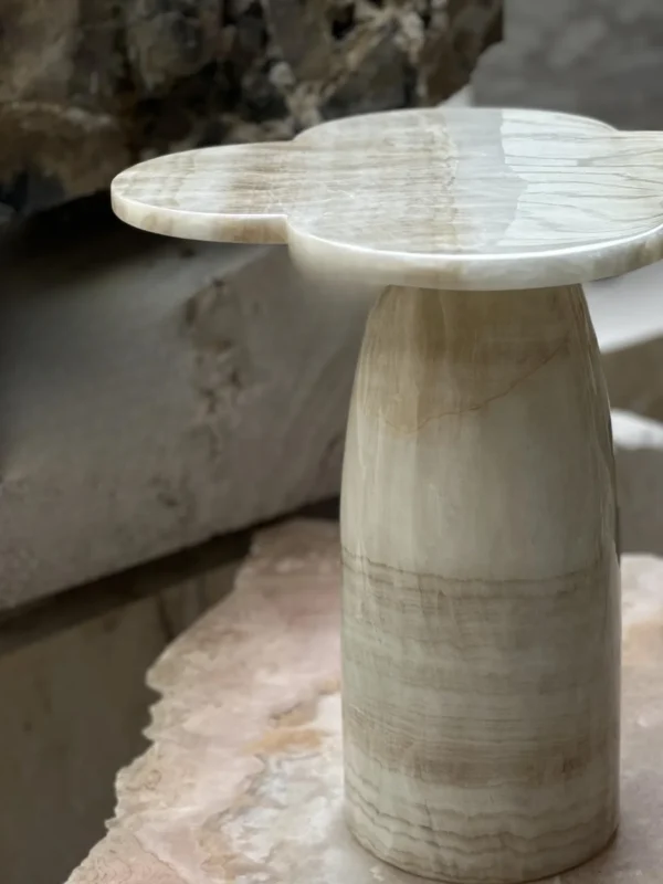 Four-Leaf Clover Honey Onyx Side Table in mustard — in a room setting