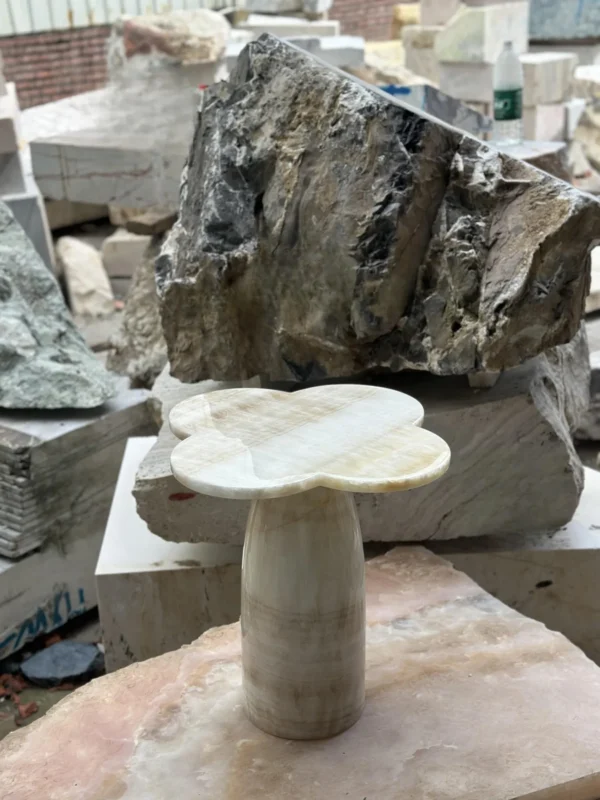 Four-Leaf Clover Honey Onyx Side Table in mustard — in a room setting
