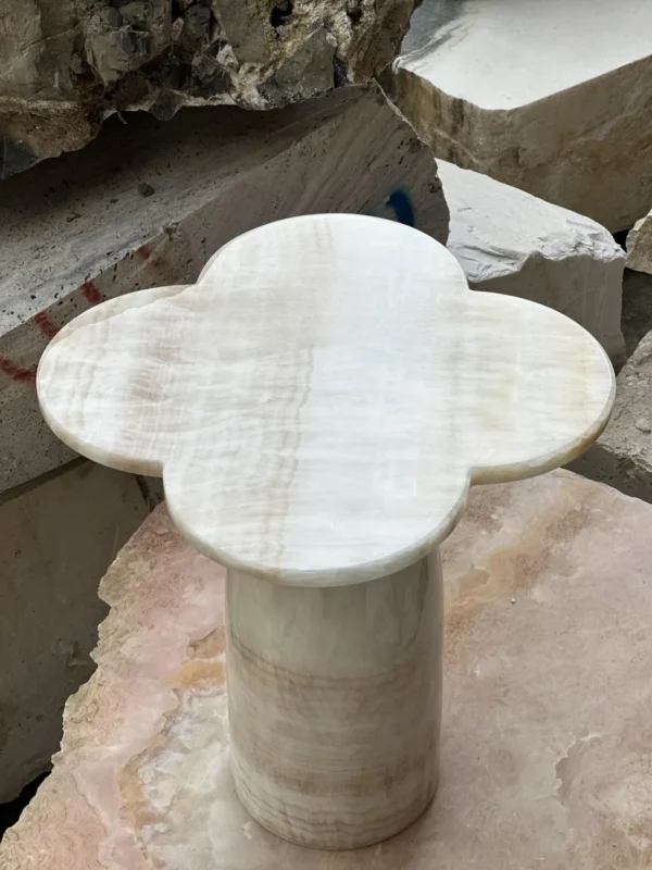 Four-Leaf Clover Honey Onyx Side Table in mustard — in a room setting