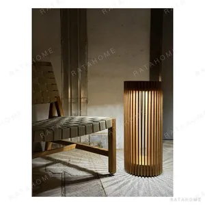 Teak Slatted Solar Lantern Set for Garden and Terrace in natural oak — in a room setting