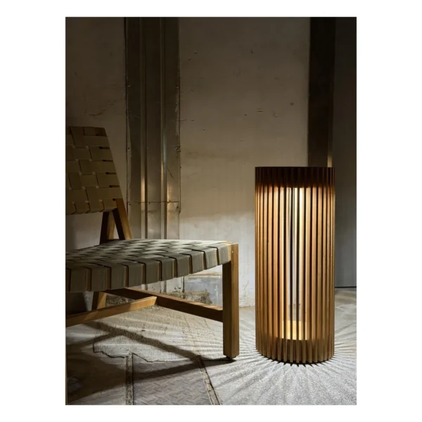Teak Slatted Solar Lantern Set for Garden and Terrace in natural oak — in a room setting