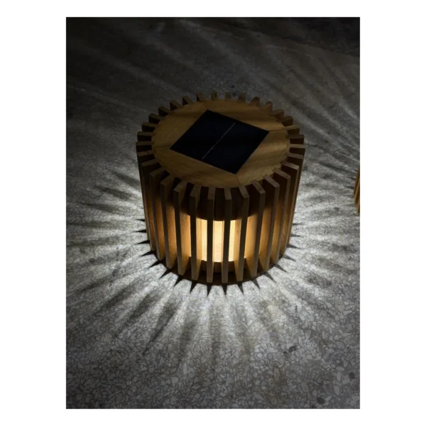 Teak Slatted Solar Lantern Set for Garden and Terrace in natural oak — in a room setting