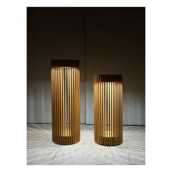 Teak Slatted Solar Lantern Set for Garden and Terrace in natural oak — in a room setting