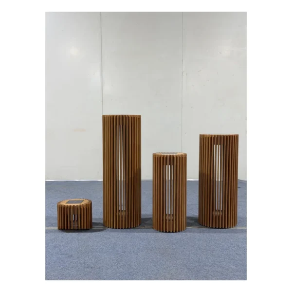 Teak Slatted Solar Lantern Set for Garden and Terrace in natural oak — in a room setting