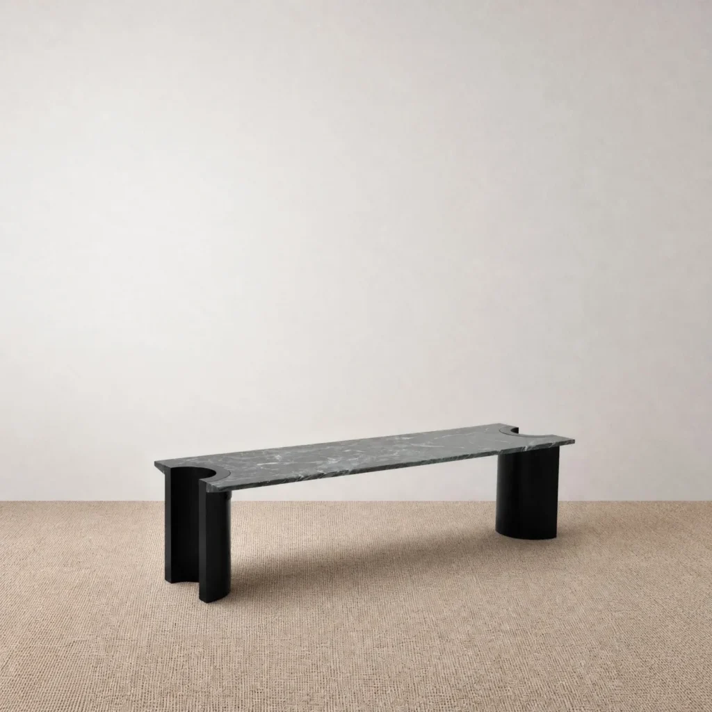 Jasper Long Green Marble Coffee Table on Black Wood Legs in olive — front view