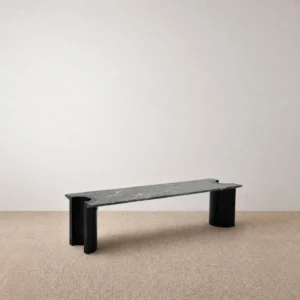 Jasper Long Green Marble Coffee Table on Black Wood Legs in olive — front view