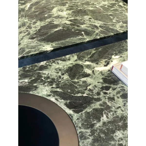 Jasper Long Green Marble Coffee Table on Black Wood Legs in olive — in a room setting